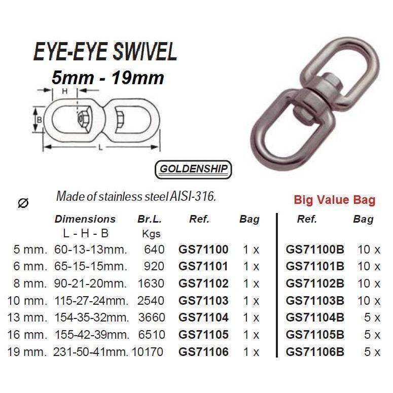 Stainless Steel Swivel Eye Eye 8MM - Marine Grade Mooring Fitting, 1600KG Capacity